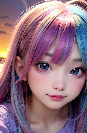 small face、 Super detailed,bright colors, very beautiful detailed anime face and eyes, look straight,  shiny_skin,girl, (((rainbow colored hair, colorful hair, Half blue、half pink hair: 1.2))), 、shiny hair, delicate beautiful face, blush、Glasses、(turquoise eyes), Valletta, earrings,seaside、Forest、flower garden、sunset、(Stylish lace mini skirt、purple shirt)、（twin tails）、smile、happy face、face dyed red、cheerful pose、dynamic、Head to toe full body portrait、（I can see the whole body）