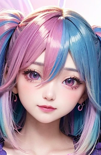 small face、 Super detailed,bright colors, very beautiful detailed anime face and eyes, look straight,  shiny_skin,girl, (((rainbow colored hair, colorful hair, Half blue、half pink hair: 1.2))), 、shiny hair, delicate beautiful face, blush、Glasses、(turquoise eyes), Valletta, earrings,seaside、Forest、flower garden、sunset、(Stylish lace mini skirt、purple shirt)、（twin tails）、smile、happy face、face dyed red、cheerful pose、dynamic、Head to toe full body portrait、（I can see the whole body）