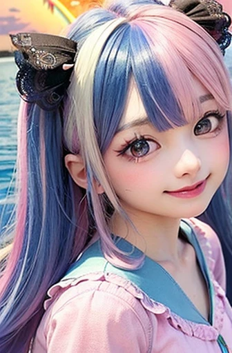 small face、 Super detailed,bright colors, very beautiful detailed anime face and eyes, look straight,  shiny_skin,girl, (((rainbow colored hair, colorful hair, Half blue、half pink hair: 1.2))), 、shiny hair, delicate beautiful face, blush、Glasses、(turquoise eyes), Valletta, earrings,seaside、Forest、flower garden、sunset、(Stylish lace mini skirt、purple shirt)、（twin tails）、smile、happy face、face dyed red、cheerful pose、dynamic、Head to toe full body portrait、（I can see the whole body）
