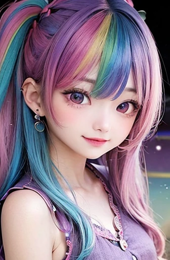 small face、 Super detailed,bright colors, very beautiful detailed anime face and eyes, look straight, shiny_skin,girl, (((rainbow colored hair, colorful hair, Half blue、half pink hair: 1.2))), 、shiny hair, delicate beautiful face, blush、Glasses、(turquoise eyes), Valletta, earrings,seaside、Forest、flower garden、sunset、(Stylish lace mini skirt、purple shirt)、(twin tails)、smile、happy face、face dyed red、cheerful pose、dynamic、Head to toe full body portrait、(I can see the whole body)