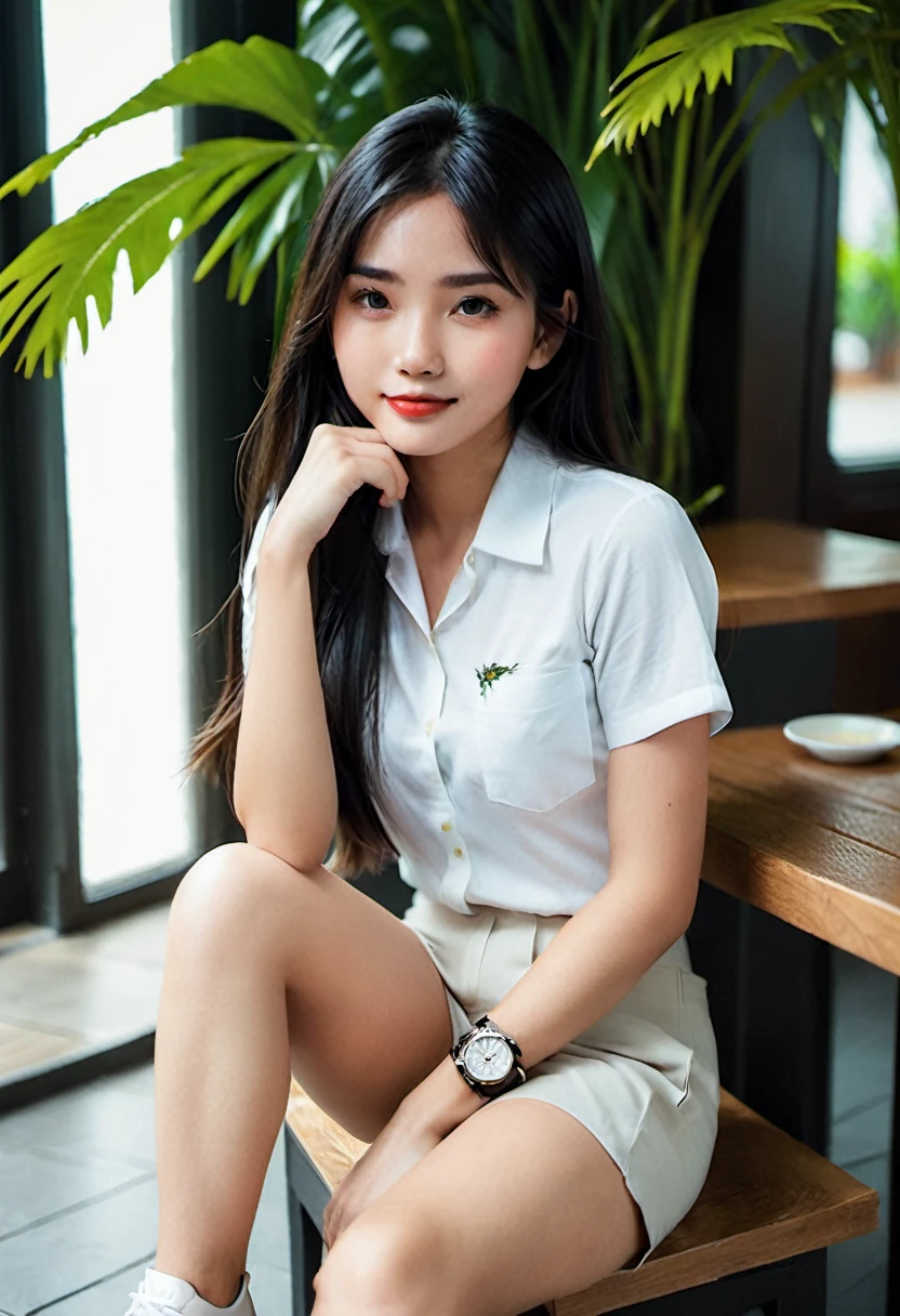 Realistic photo 1:4)) 22 year old Indonesian woman, beautiful, elegant, long straight black hair, neat from Indonesia wearing a detailed plain white t-shirt, trousers wearing detailed long Levis, wearing a detailed watch, detailed white rebook shoes, full body appearance gentle smile, posing sitting in front of the door of a luxury cafe, green plants, realistic details, HD 1:4 quality photography, cinematic