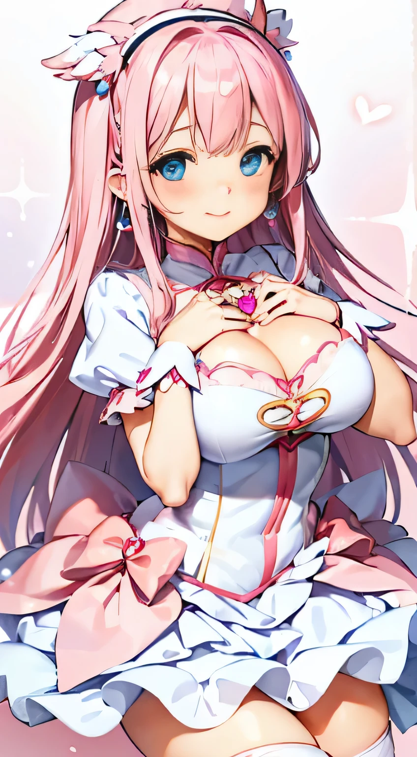 highest quality、((Round blue eyes))、pink long hair、((big breasts))、cleavage、((Cute magical girl in pink and white outfit))、cute pose、pink nails、Lustrous pink lips、heart earrings、smile、ring、white knee high socks