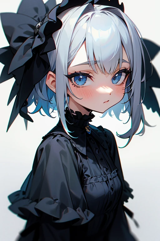 short gray hair, blush, Gothic ta、punk fashion、Headbang 2.、Blue and black clothes、