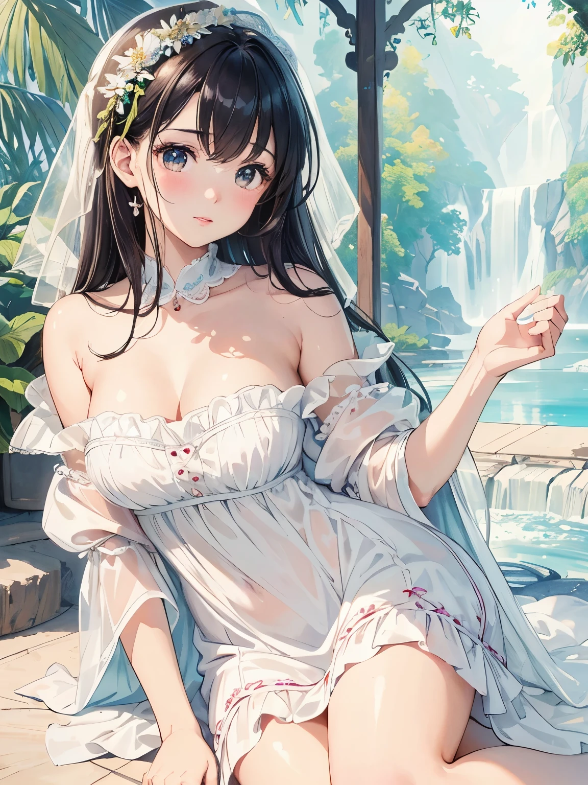 (high quality,masterpiece,4k,8k,16k),cute girl,bust,medium chest,lolita dress,smooth skin,silky hair,vibrant colors,dreamy lighting,shiny girden,subtle details,intense gaze,revealing expression,porcelain-like complexion,graceful pose,gentle atmosphere,pure innocence,natural beauty,sublime aesthetics
