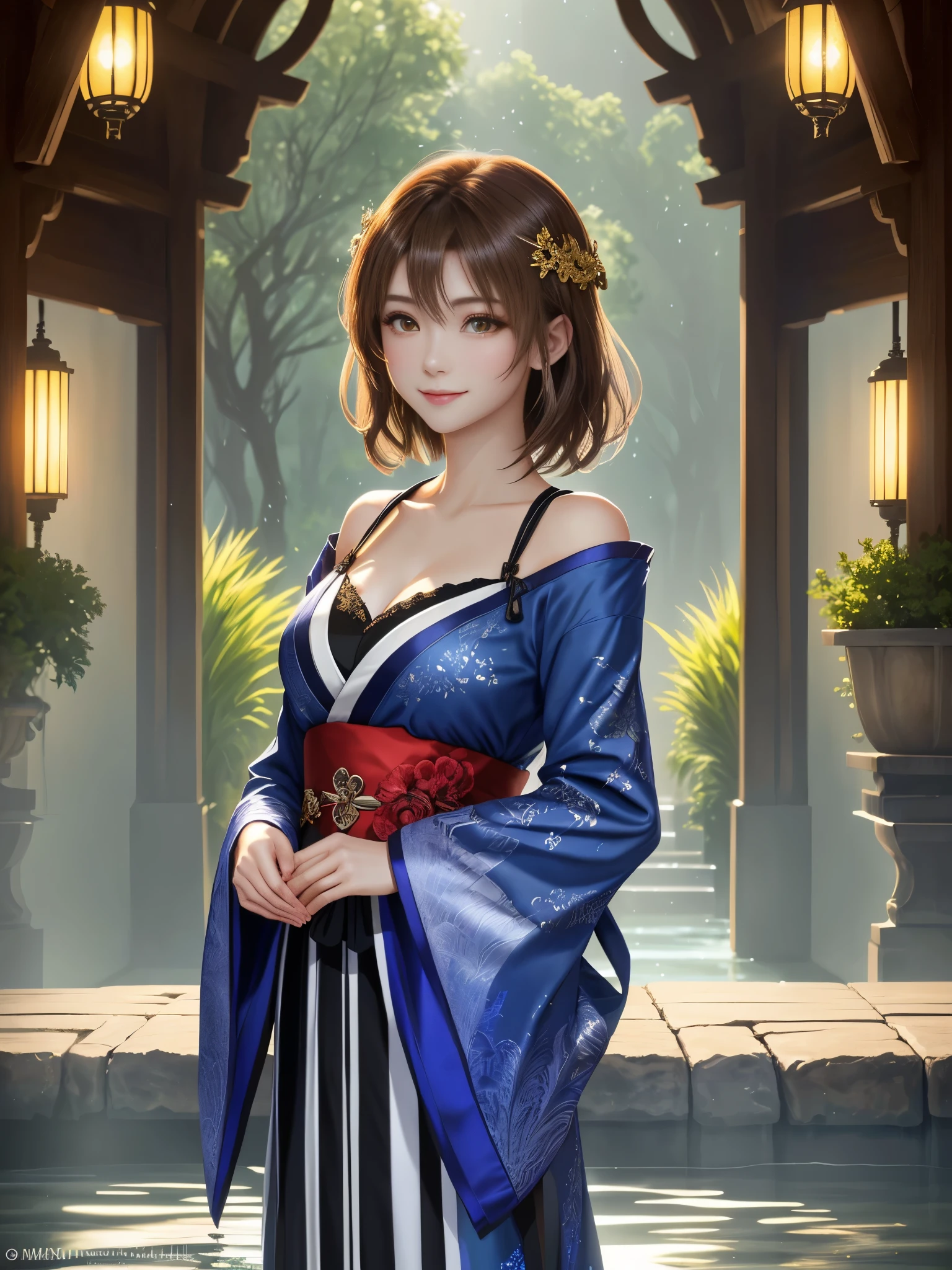 masterpiece , best quality,smile,smile,small face,shoulder exposure,golden kimono,A little cleavage exposure,double eyes,Beauty,beautiful woman,beautiful girl,Big eyes,light brown hair,Mysterious世界,god of water,Mythical God,水色のMysterious雰囲気,Water sources surround the area,水色のMysterious背景,beautifully curled hair,slender body shape,brown eyes,Contrast faithfully reproduced,short hair,Beautiful short hair,Berry Short,short cut hair,just one person,precision quality,A faithful reproduction of the human eye,水色のMysterious雰囲気,水色のMysterious背景,beautiful details, colorful, delicate details, delicate lips, intricate details, genuine, ultrargenuineista, Mature, bright eyes, ,colorful fox, raposa de Beautiful digital art,shrine maiden,hold hands,exquisite digital illustration, mizutsune, Inspired by mythical wild web creatures, pixiv in digital art, shining light, high contrast, Mysterious,