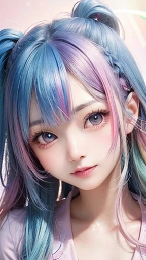 small face、 Super detailed,bright colors, very beautiful detailed anime face and eyes, look straight, shiny_skin,girl, (((rainbow colored hair, colorful hair, Half blue、half pink hair: 1.2))), 、shiny hair, delicate beautiful face, blush、Glasses、(turquoise eyes), , Valletta, earrings,、flower garden、sunset、(Stylish lace mini skirt,Translucent shirt)、(twin tails)、smile、happy face、face dyed red、cheerful pose、dynamic、Head to toe full body portrait、(I can see the whole body)
