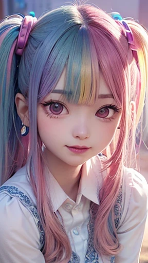 small face、 Super detailed,bright colors, very beautiful detailed anime face and eyes, look straight,  shiny_skin,girl, (((rainbow colored hair, colorful hair, Half blue、half pink hair: 1.2))), 、shiny hair, delicate beautiful face, blush、Glasses、(turquoise eyes), , Valletta, earrings,、flower garden、sunset、(Stylish lace mini skirt,Translucent shirt)、（twin tails）、smile、happy face、face dyed red、cheerful pose、dynamic、Head to toe full body portrait、（I can see the whole body）