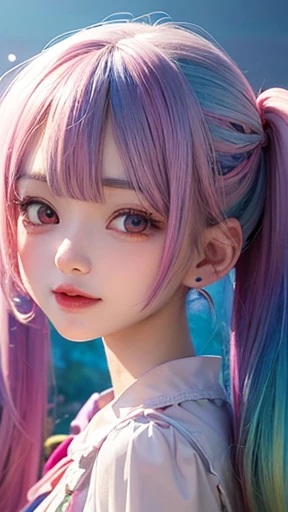 background is sky、small face、 (alone:1.5,)Super detailed,bright colors, very beautiful detailed anime face and eyes, look straight,  shiny_skin,girl, (((rainbow colored hair, colorful hair, Half blue、Half purple hair: 1.2))), 、shiny hair, delicate beautiful face, blush、Glasses、(turquoise eyes), , Valletta, earrings,、flower garden、sunset、(（(Translucent shirt)))、（twin tails）、（smile、happy face、face dyed red）、cheerful pose、dynamic、Upper body
