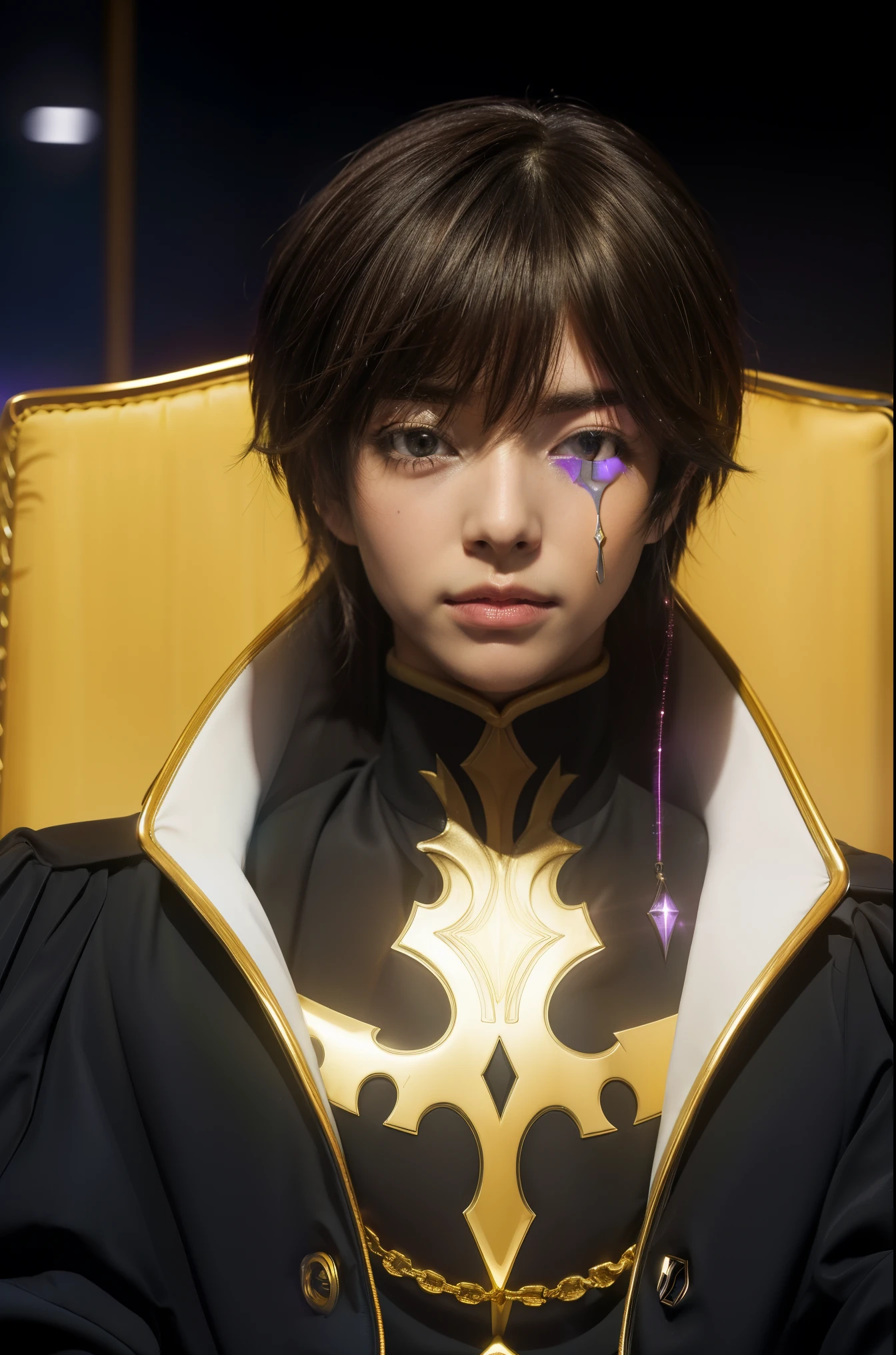 (Night:1.7), Castle,
sitting at attention,sitting on throne,(Close-Up),
yellow and black outfit ,holding_staff,black coat,
lelouch_lamperouge,
black_hair,purple_eyes,
1 man, 20yo,male,Beautiful FingerBeautiful body,Beautiful Nose,Beautiful character design, perfect eyes, perfect face,
looking at viewer,
NSFW,official art,extremely detailed CG unity 8k wallpaper, perfect lighting,Colorful, Bright_Front_face_Lighting,
(masterpiece:1.0),(best_quality:1.0), ultra high res,4K,ultra-detailed,
photography, 8K, HDR, highres, absurdres:1.2, Kodak portra 400, film grain, blurry background, bokeh:1.2, lens flare, (vibrant_color:1.2)