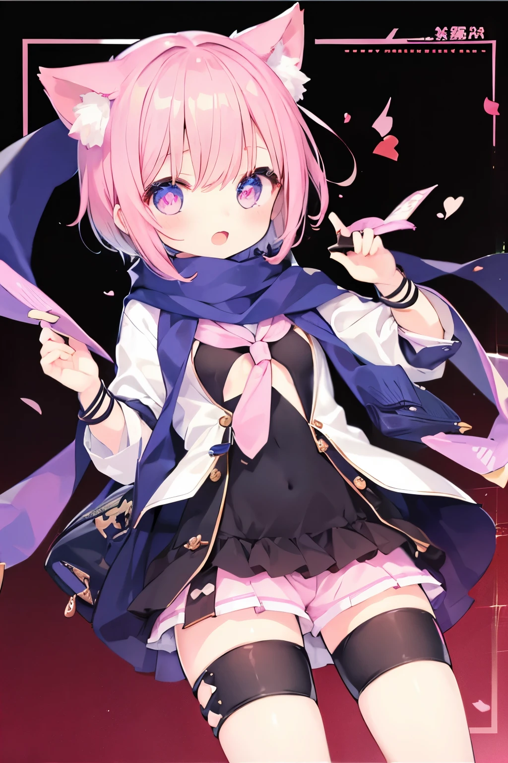 Very beautiful and shining eyes、shining eyes、((1 girl))、small breasts、big mouth、high school girl、small breasts、Cat ear、Transparent pink short hair、scarf、hot pants、transparent clothes、childish clothes、7  girl