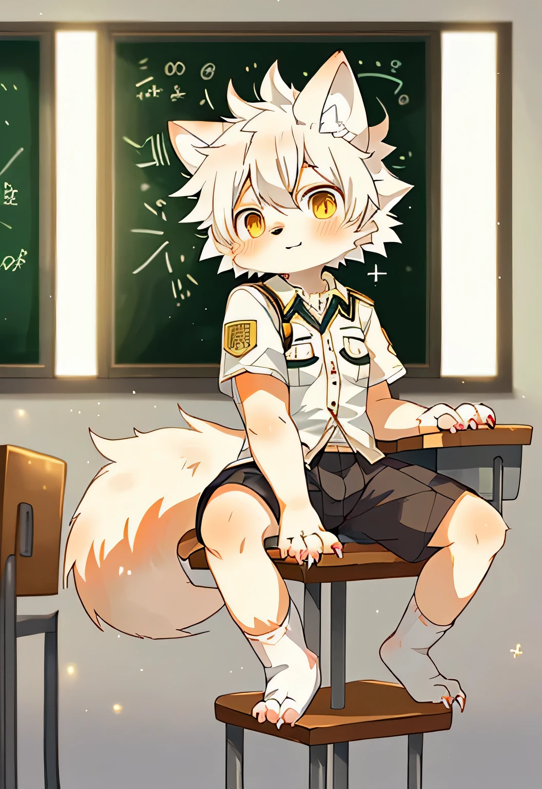 unique,Kanno,white fox,male,hairy,best quality,Shota,Humanity,Uniforms,classroom,claws,hairy tail,white socks,Golden Sun Rune,cute,sit down,Sparkling golden eyes