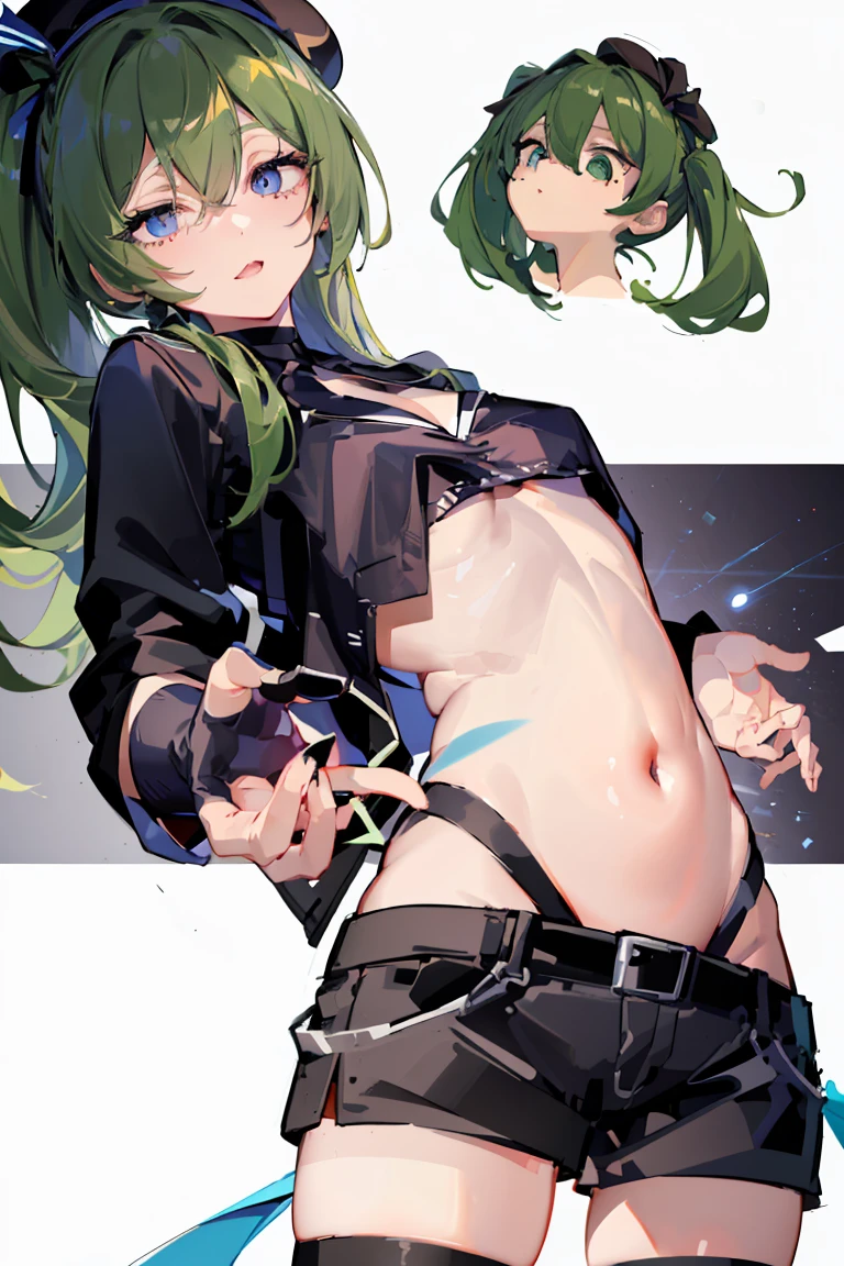 Bruise,dark green hair,long hair,side ponytail,hair between eyes,bangs,
break (beret, black jacket, open clothes, cleavage, abdomen, black shorts, black stockings, thigh strap, fingerless gloves, single glove:1.2)
break blurry background,
break pose, put your hand on your waist,
break (masterpiece:1.2), highest quality, High resolution, unity 8k wallpaper, (figure:0.8), (detailed and beautiful eyes:1.6), highly detailed face, perfect lighting, Very detailed CG, (perfect hands, perfect anatomy),