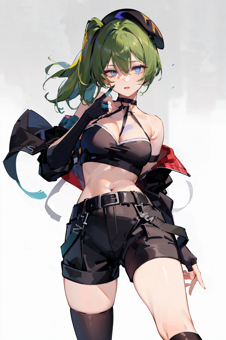 Bruise,dark green hair,long hair,side ponytail,hair between eyes,bangs,
break (beret, black jacket, open clothes, cleavage, abdomen, black shorts, black stockings, thigh strap, fingerless gloves, single glove:1.2)
break blurry background,
break pose, put your hand on your waist,
break (masterpiece:1.2), highest quality, High resolution, unity 8k wallpaper, (figure:0.8), (detailed and beautiful eyes:1.6), highly detailed face, perfect lighting, Very detailed CG, (perfect hands, perfect anatomy),