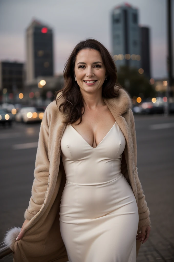 a mature woman posing for a photo, (wearing elegant dress:1.2), smile Seductive, busty, curvaceous, 
good hand,4k, high-res, masterpiece, best quality, head:1.3,((Hasselblad photography))n, sharp focus, (cinematic lighting), night, soft lighting, dynamic angle, [:(detailed face:1.2):0.2],(((city background))), outside,(wearing oversized_fur:1.3),