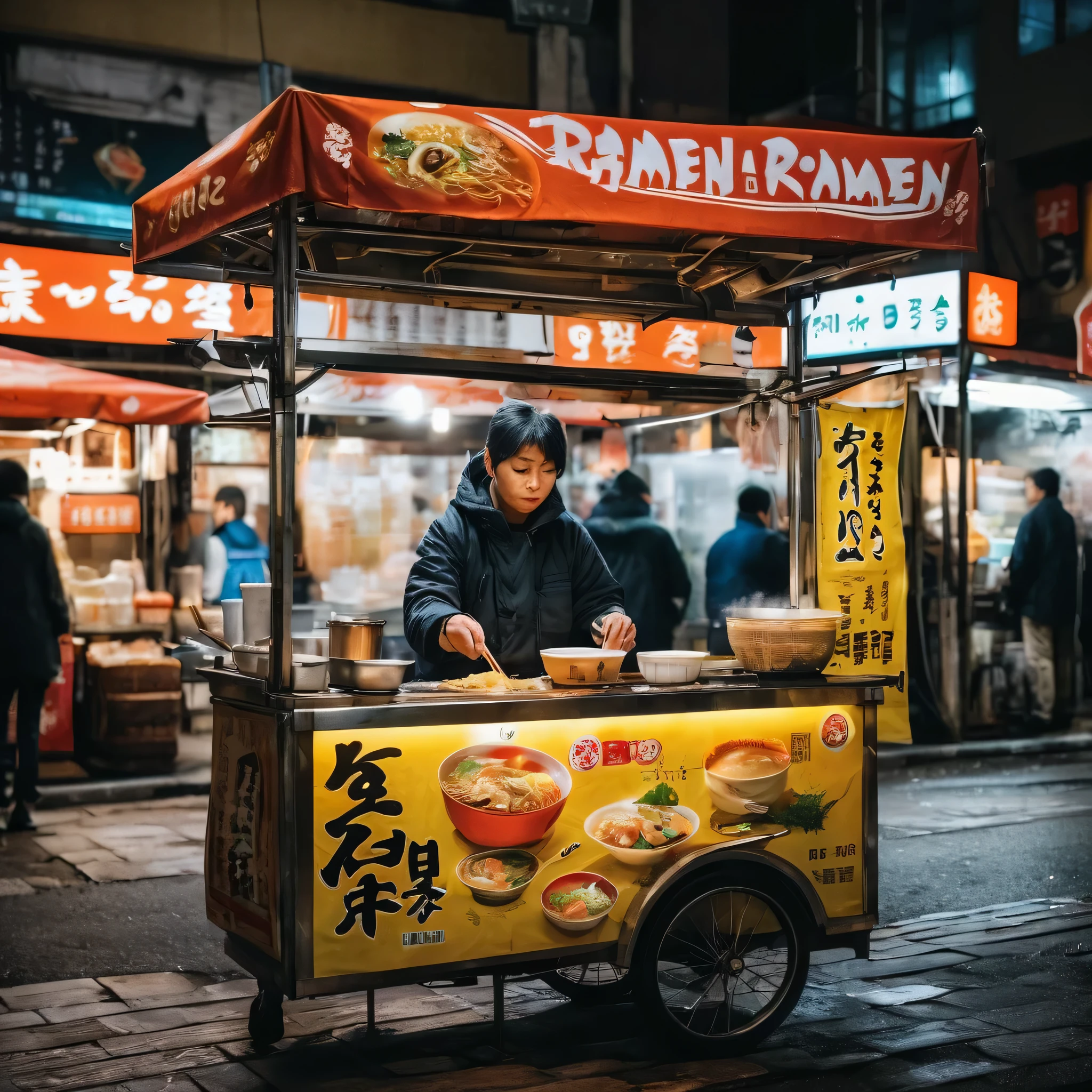 (best quality,4k,8k,highres,masterpiece:1.2),ultra-detailed,(realistic,photorealistic,photo-realistic:1.37),lively night scene, street food vendor, steaming hot ramen, vibrant city lights, bustling crowd, delicious aromas, late-night cravings, savory broth, slurping sounds, chopstick skills, outdoor seating, noodle-lover's paradise, authentic flavors, food cart ambiance, neon signs, flavorful toppings, satisfying bites, cozy atmosphere, mouth-watering experience, steam rising, hungry customers, culinary delights, individualized bowls, artistic food presentation, traditional recipes, appetizing textures, fusion of flavors, aromatic spices, secret ingredients, culinary craftsmanship, cultural immersion, night owls, gastronomic adventure, late-night snack, rich umami taste, international cuisine, savory satisfaction, hidden gem, unforgettable taste sensation, food exploration, comfort food, indulgence, midnight refreshment, enticing street food, local delicacies, food journey, late-night sustenance.