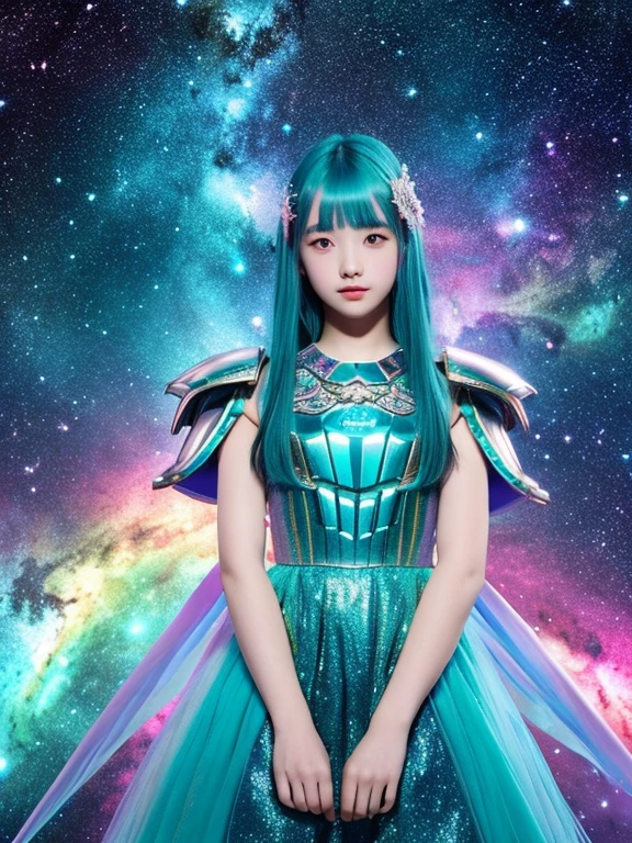 Girl with iridescent hair and detailed teal dress armor, Are standing, rainbow colored space nebula background, performer, Milky Way, intricate details, perfect face