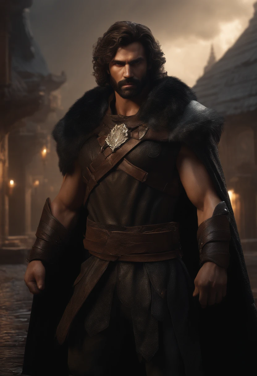 (professional 3d render:1.3) af (Realistic:1.3) most beautiful artwork photo in the world，Features soft and shiny male heroes, ((Epic black hero fantasy muscle man rough angry look long hair short beard and ferocious expression in dynamic pose, Fantastic location, Majestic cluttered environment)), full body 8k unity render, action  shot, skin pore, very dark lighting, heavyshading, Detailed, Detailed face, (vibrant, photograph realistic, Realistic, Dramatic, Dark, Sharp focus, 8K), (Old leather garments damaged by weathering:1.4), ((((Wear fur)))), (Intricate:1.4), decadent, (Highly detailed:1.4), Digital painting, rendering by octane, art  stations, concept-art, smooth, Sharp focus, illustration, Art germ, (loish:0.23), wlop ilya kuvshinov, and greg rutkowski and alphonse mucha gracias, (Global illumination, Studio light, volumettic light), heavy rain, particles floating, lotr, fantasy, elf, full bodyesbian, ((Dark and ancient city background:1.3)),CGSesociety,art  stations