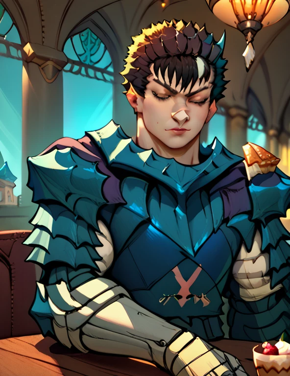 score_9, score_8_up, score_7_up, score_6_up, score_5_up, score_4_up, source_anime,
BREAK 1man, solo, guts \(berserk\), angry, sword on back, Guts_Armor, brown eyes, short hair, spiked hair, (black armor:1.1), full_armor, shoulder armor, gauntlets, pauldrons, greaves, bandaged arm, black cape, torn cape, scar on nose, one eye closed, muscular male, huge weapon, medieval,
BREAK cup, window, pov across table, cafe, sitting, parfait, food, ice cream, upper body, chair, saucer, pov, pov dating, looking at viewer,
detailed background, indoors, 