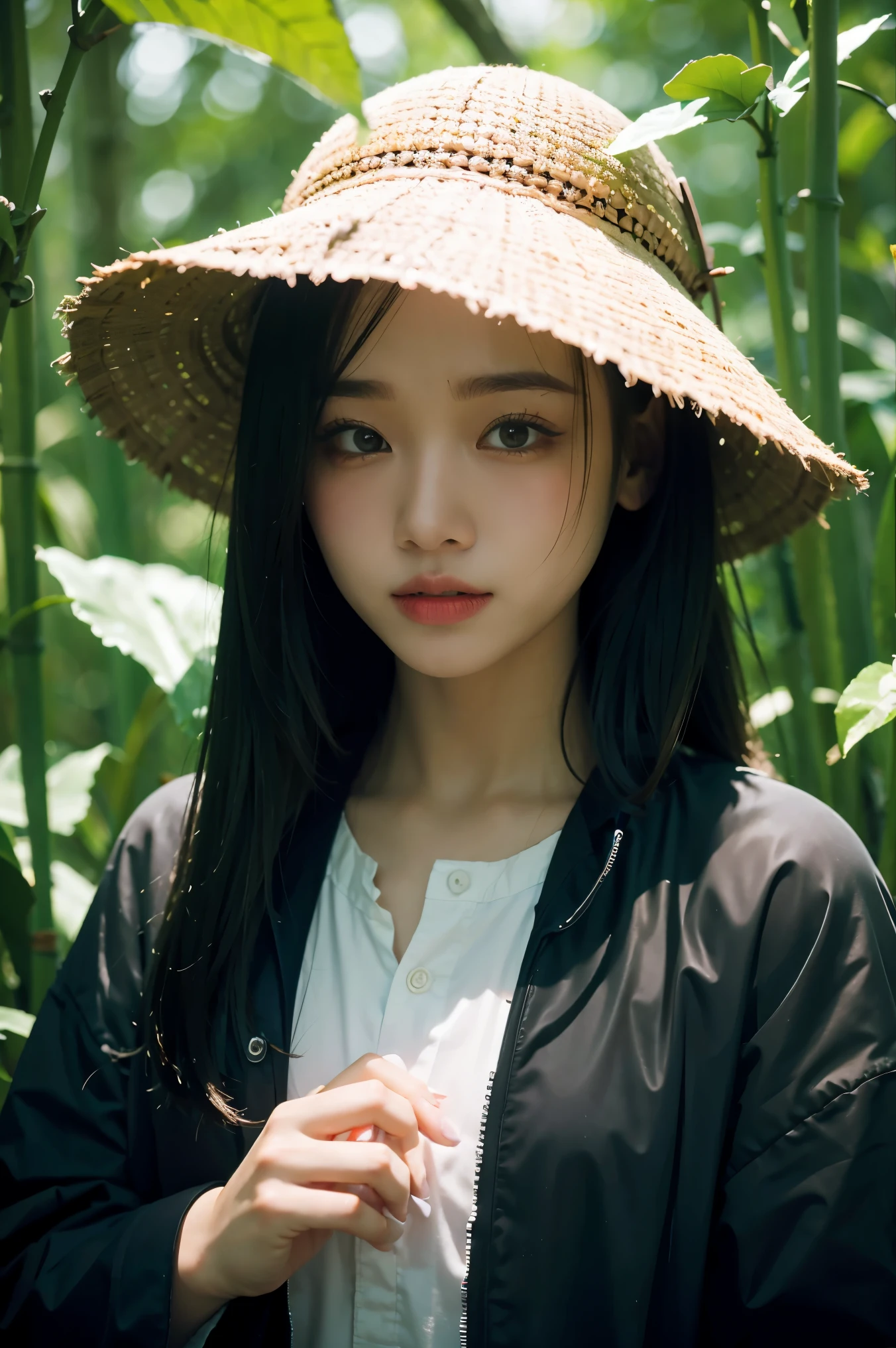 Chinese vampire with a bamboo hat, blood bending, blood powers, one golden eye, Best Quality, Ultra High Resolution, (Realism: 1.4), Depth of Field