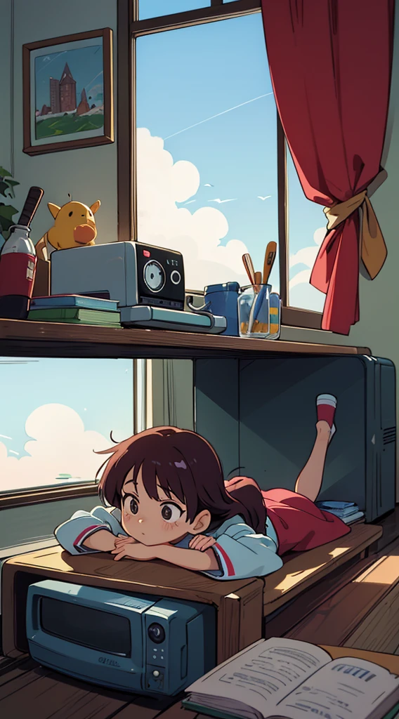1990s anime, Takehiko Inoue, cel animation, vintage 1990s anime, detailed hand-drawn animation - sunny day, the clowds are moving, young girl lying on the sofa, large window in room, refrigerator and microwave, Japanese 90s cityscape outside window, retro waves, noise filter, noisy image, delicate expressions, neat lines.