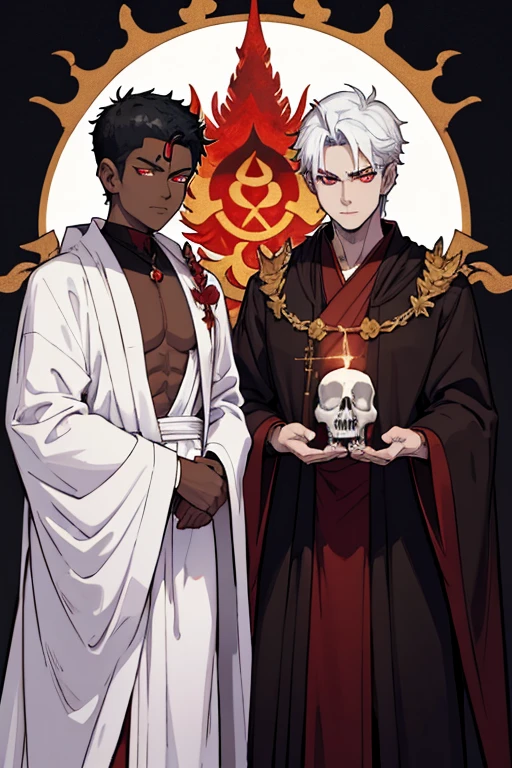 male, red eyes, demon, handsome, branch like horns, black skin, skull like head, (((1boy))), (((white Buddhists robes))), slightly muscular, long legs