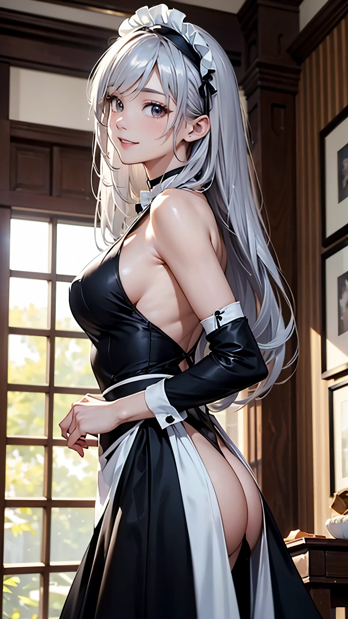 ((masterpiece、highest quality、High resolution、8K))、One female、(attractive woman)、silver hair、long hair、messy hair、smile、black eyes、detailed eyes、white headband、break、Black backless maid outfit、Head to knee、From the side、Living room of a luxurious mansion、Highly detailed animated illustrations、