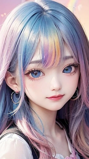 small face、 Super detailed,bright colors, very beautiful detailed anime face and eyes, look straight,  shiny_skin,girl, (((rainbow colored hair, colorful hair, Half blue、half pink hair: 1.2))), 、shiny hair, delicate beautiful face, blush、Glasses、(turquoise eyes), , Valletta, earrings,、flower garden、sunset、(Stylish lace mini skirt,Translucent shirt)、（long hair）、smile、happy face、face dyed red、cheerful pose、dynamic、Head to toe full body portrait、（I can see the whole body）