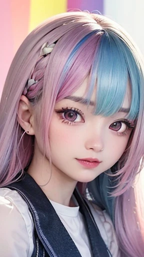 small face、 Super detailed,bright colors, very beautiful detailed anime face and eyes, look straight, shiny_skin,girl, (((rainbow colored hair, colorful hair, Half blue、half pink hair: 1.2))), 、shiny hair, delicate beautiful face, blush、Glasses、(turquoise eyes), , Valletta, earrings,、flower garden、sunset、(Stylish lace mini skirt,Translucent shirt)、(long hair)、smile、happy face、face dyed red、cheerful pose、dynamic、Head to toe full body portrait、(I can see the whole body)