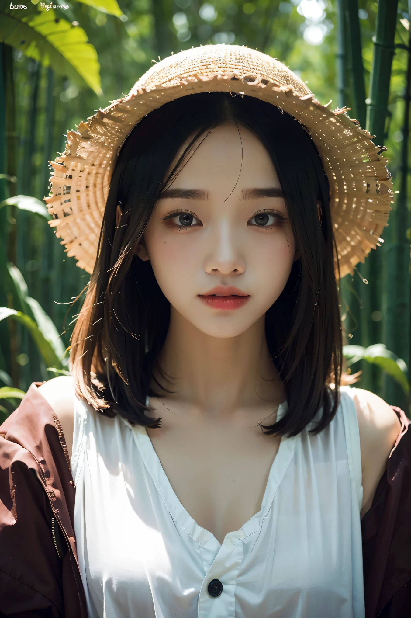 Chinese vampire with a bamboo hat, blood bending, blood powers, one golden eye, Best Quality, Ultra High Resolution, (Realism: 1.4), Depth of Field