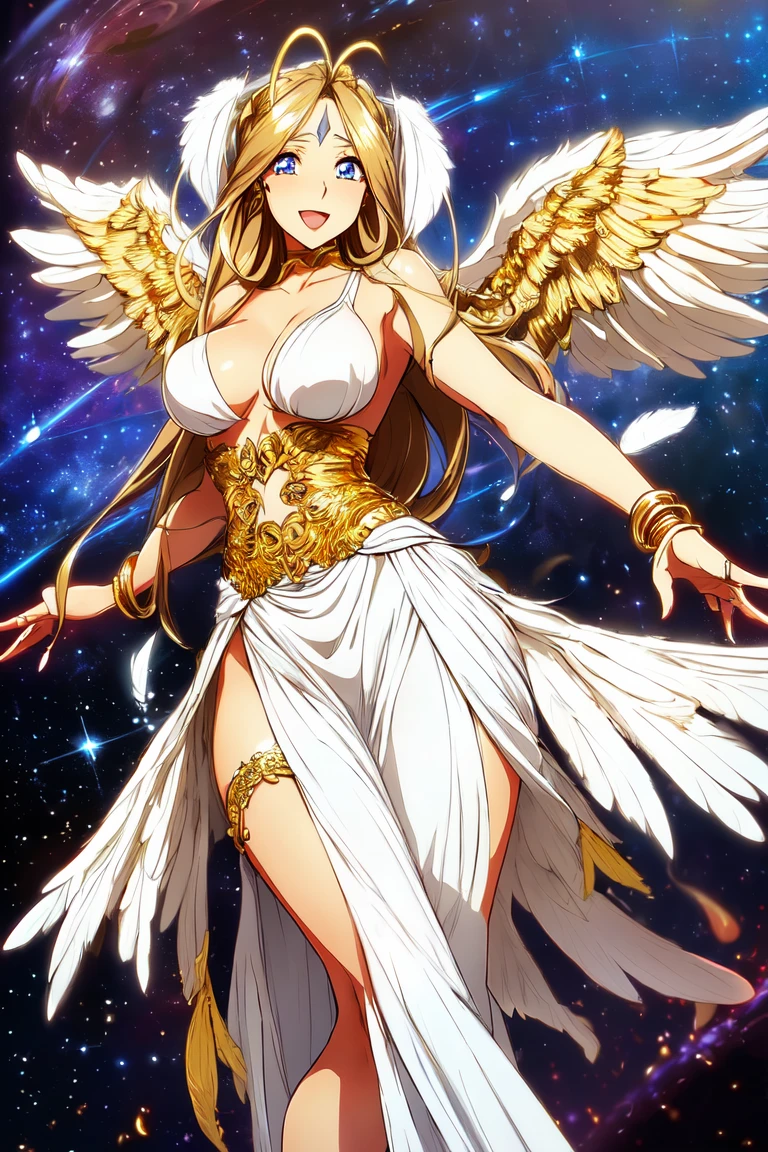 Angerwomont, 1girl, ((Beautiful detailed eyes)), Beautiful detailed lips, extremely detailed eye and face, longeyelashes, Soft and glowing skin, serene expressions, (Radiant smile:1.5), (open mouth), (Beautiful eyes), ((blue eyes:1.2)), flowing brown hair, (wings with white feathers:1.8), shining halo, heavenly aura, ethereal beauty, ((Gold and white attire:1.8)), Ornate and intricate design, Celestial atmosphere, Sacred background, Divine Light, Angelic Beings, LoveBellv0, (brown hair:1.2), (long ponytail),  (Angel wings:1.8), ((Glowing Angel Circle:1.4)), (Beautiful arms), (Galactic Landscape:1.5), ((long skirt:1.5)),