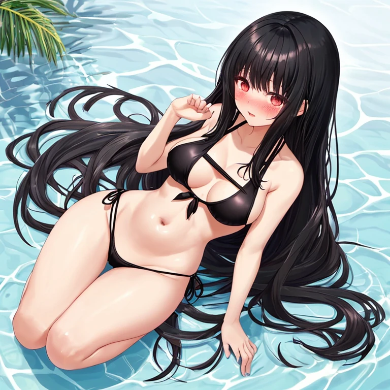 black hair long hair small breasts Swimsuit full body picture blush