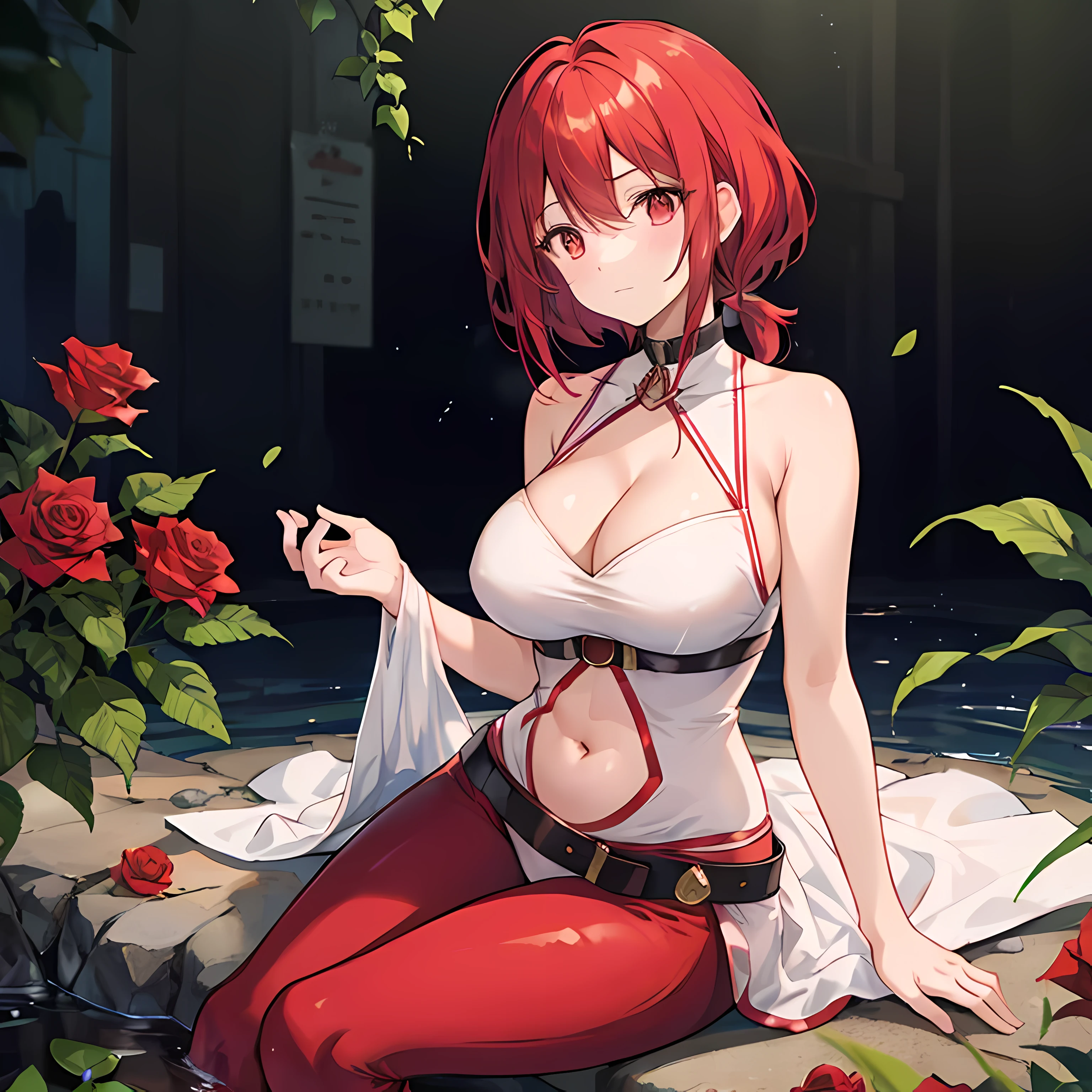 short red hair、red eyes、Beautiful girl alone、((Bright white dress))、sleeveless、sitting on、poneyTail, large breasts, cleavage, [[navel_cutout]], side_slit, BREAK (red_leggings), oversized_belt, [[[white_loincloth]]], bare_hips,   rose garden