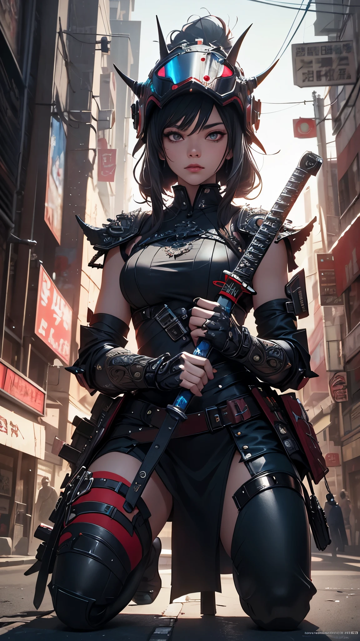 Hyperrealistic version of a woman kneeling down with a sword in her hand, very beautiful cyberpunk samurai, anime cyberpunk art, cyberpunk samurai, cyberpunk anime art, anime cyberpunk, cgsociety 9, digital cyberpunk anime art, style of maciej kuciara.1girl, samurai armor, helmet oni evil mask,intricate, ornaments detailed, cold colors, metal, egypician detail, highly intricate details, realistic light, trending on cgsociety, glowing eyes, facing camera, neon details, ultra realistic details, portrait full body, japanese atmosphere, global illumination, shadows, octane render, 8k, ultra sharp.cool lolita.