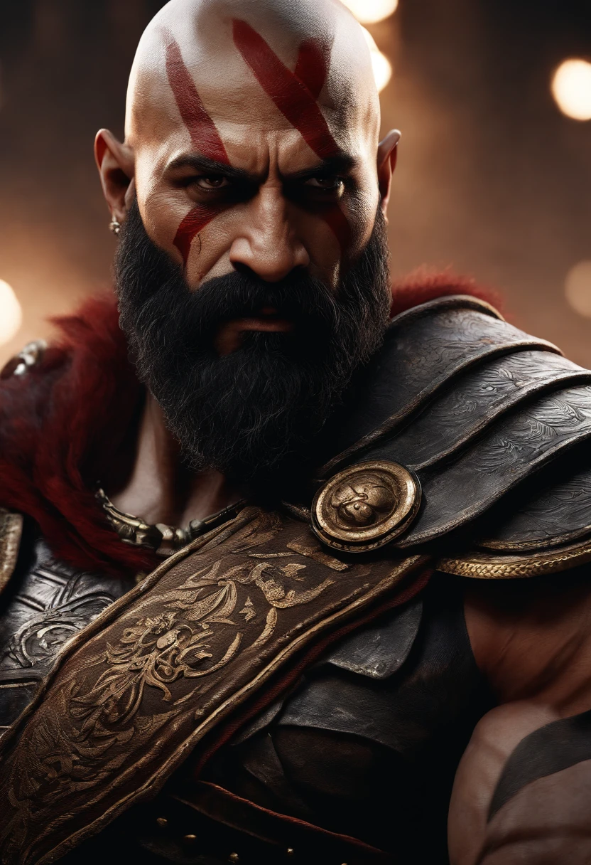 Um close-up de um homem barbudo, muscular character, muscular male hero, estilo fantasia 8 k octane render, 3d renderizar arte do caractere 8 k, Atraente macho de carne blindada, octane render personagem de fantasia, handsome prince of persia, Retrato de Kratos, Arte de personagem do Unreal Engine, Dwayne Johnson como Kratos, Guerreiro Masculino, Kratos, Espadas do Caos NAS Maos, Kratos, Skyline noturno da cidade cyberpunk, Estilo Nvinkpunk, Directed by: Jeremy Mann, Por Dave McKean e Richard Avedon e Maciej Kuciara, Punk rock, alto detalhado, 4k, RTX, Estilo anime, concebido, combate, sangue