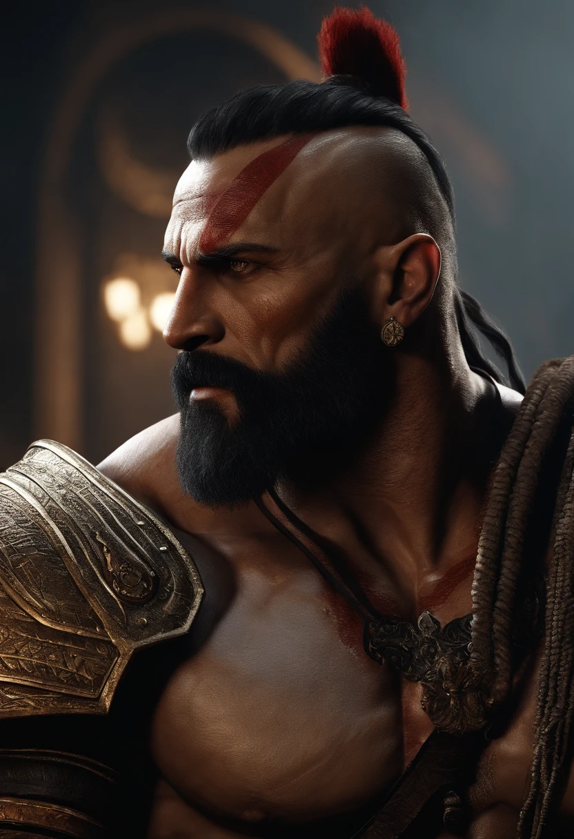 Um close-up de um homem barbudo, muscular character, muscular male hero, estilo fantasia 8 k octane render, 3d renderizar arte do caractere 8 k, Atraente macho de carne ada, octane render personagem de fantasia, handsome prince of persia, Retrato de Kratos, Arte de personagem do Unreal Engine, Dwayne Johnson como Kratos, Guerreiro Masculino, Kratos, Espadas do Caos NAS Maos, Kratos, Skyline noturno da cidade cyberpunk, Estilo Nvinkpunk, Directed by: Jeremy Mann, Por Dave McKean e Richard Avedon e Maciej Kuciara, Punk rock, alto detalhado, 4k, RTX, Estilo anime, concebido, combate, sangue