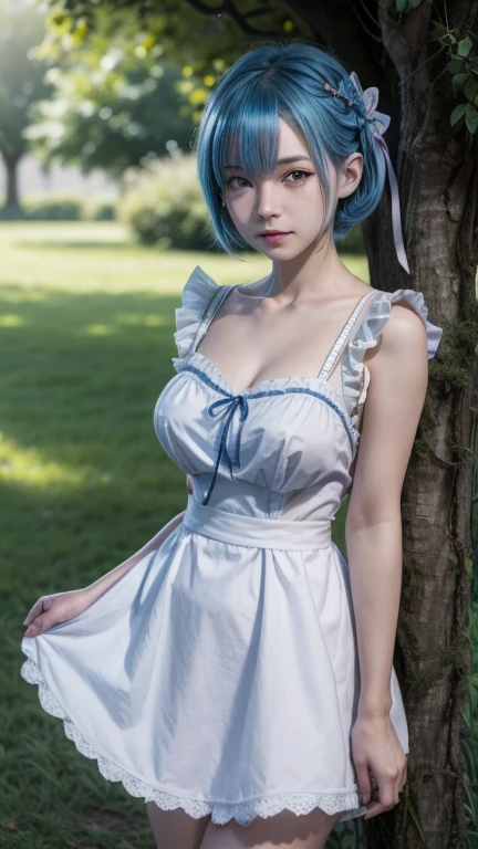 masterpiece, top-quality, ultra-detailliert, illustratio, epic lighting, Film composition, rem rezero、(beauitful face:1.25)Short blue hair、blue eyess、Hair above one eye、hair adornments、pink hair ribbon、rem's maid uniform、ultra realistic 8k cg、picture-perfect face、colourfull, sharp:1.3, 1girl, rem_\(re:zero\), medium chest, blue hairs, shorth hair, (Hair above one eye:1.3), eyes_visible_through_hair, roswaal_mansion_maid_uniform, pinafore, white thighhig, garter strap, is standing, The upper part of the body, plein air, mansion, summer, garden, florals, The tree, grassy, Soto, sunlights, (extremely details CG:1.2), (8K:1.1)