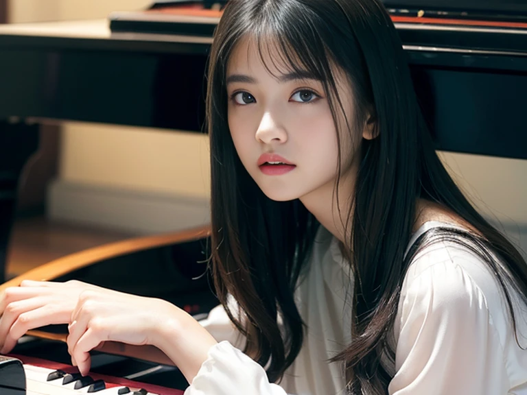 (1 girl)、best quality、masterpiece、ultra high resolution、(Photo realism:1.4)、original photo、(客廳內1 girl面向黑色的直立式鋼琴、Straight, black hair、Delicate hair details)、(Girl fingers on piano keys、Delicate finger details)shadow、octane rendering、8K、Super sharp、(breast、long sleeve、White tulle、portrait, silk pajamas、Delicate silk details)、(Girl playing piano fingers、Very fine finger details)、realistic light、(、girl shining eyes、Looking in the direction of the piano)、小LED、(Girl turning sideways towards the piano.Playing piano with hands on keys.Delicate details of fingers on piano keys)