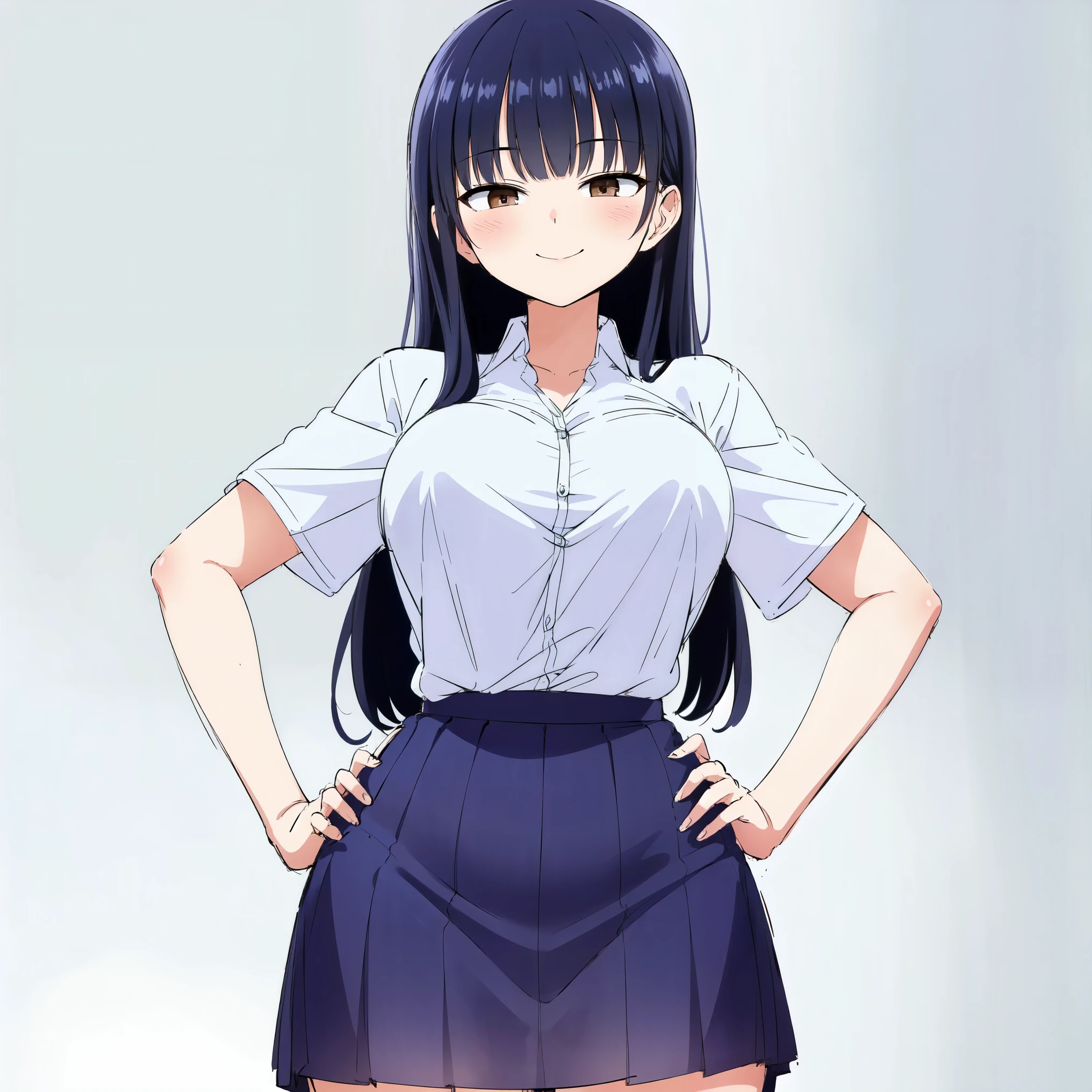 masterpiece, best quality, detailed, focus on character, (1girl:1.5), (solo:1.5), yamada_anna, (long hair:1.5), (blue hair:1.5), (brown eyes:1.5), (school uniform:1.5), (white shirt:1.5), (short sleeves:1.5), (blue skirt:1.5), (miniskirt:1.5), (white background:1.5), (curvy body:1.0), (middle breasts:1.5), (smile:1.5), (blush:1.5), (looking at viewer:1.5), (sketch:1.5), (sharped:1.5), (cowboy shot:1.5), (standing:1.5), (looking at viewer:1.5), (hands on own hips:1.5)