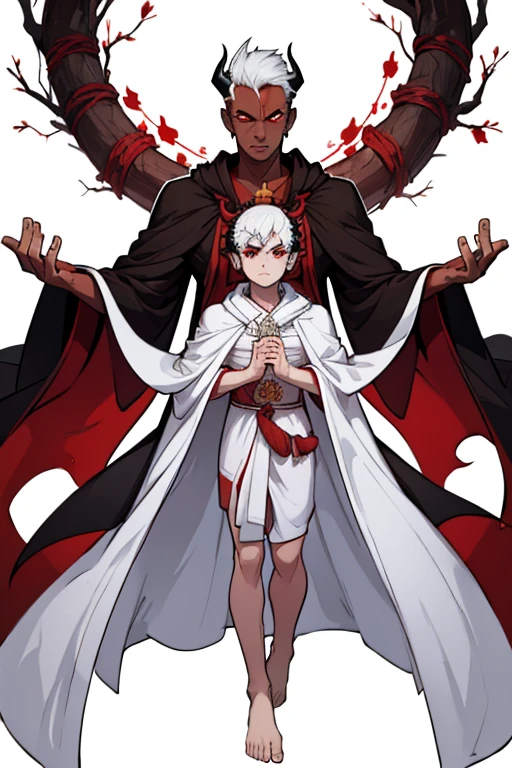 male, red eyes, demon, handsome, branch like horns, black skin, skull like head, (((1boy))), (((white Buddhists robes))), slightly muscular, long legs