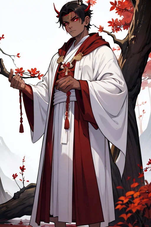 male, red eyes, demon, handsome, branch like horns, black skin, skull like head, (((1boy))), (((white Buddhists robes))), slightly muscular, long legs