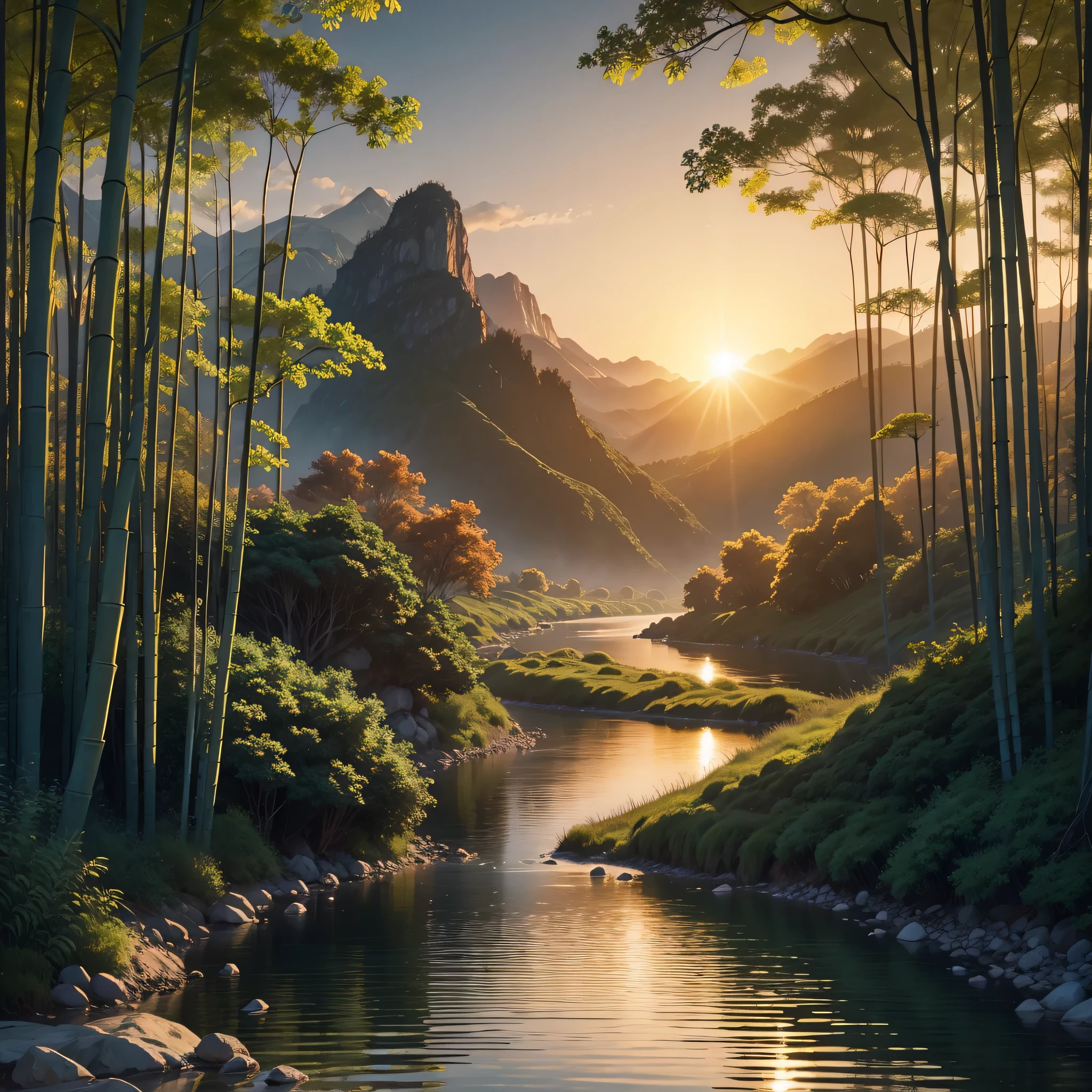 bamboo forest,mountains and rivers,Sunrise sun