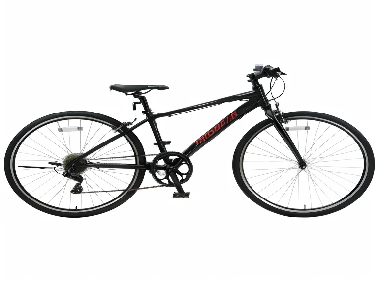 Close-up of a bicycle on a city street background, black steel、red trim, Features, 2 0 1 8, full length view, full body shot, Whole product shot, 2 0 1 2 in, 風景のfull shot, At 2 0 1 5, product view, howard, " Iron bark, full shot, full length view