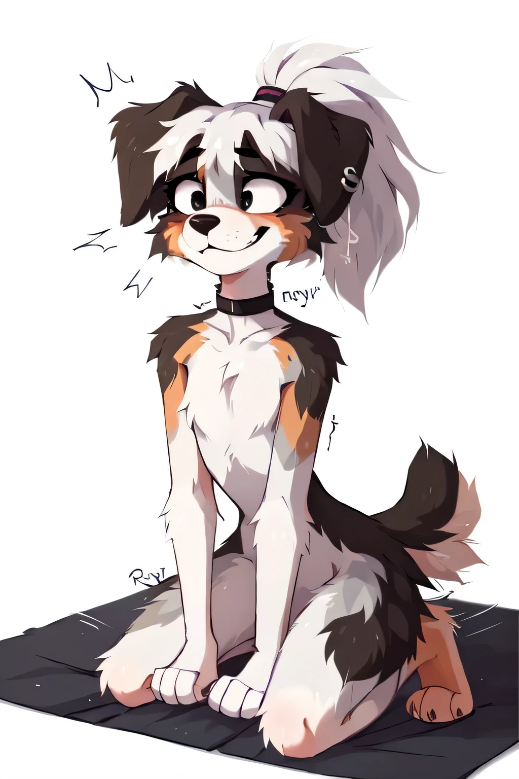 White background, ((by reysi)), Furry, ((Australian Shepard)), (solo), ((slender)), dark fur, white hair, ponytail, ((teen)), ((female)), short, small breasts, (black mascara, ear ring, tight choker, short tail, embarassed, nervous, smile, shaking motion lines), (wincing), (nude, clothes on floor),