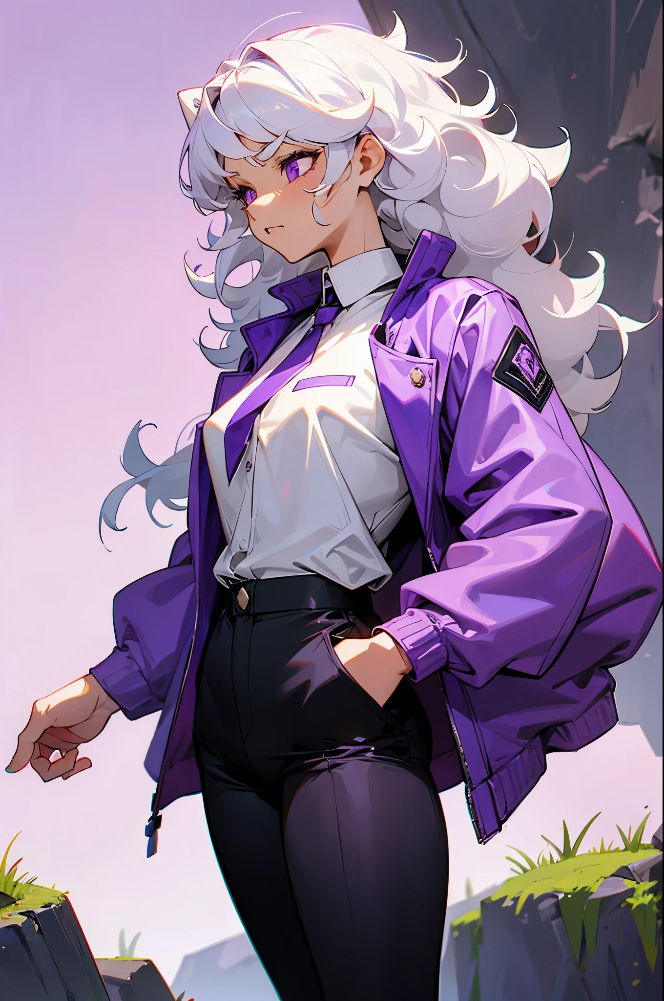 White Hair, Curly hair, Purple Eyes, muscular, young female, purple gem on chest,scared expression, hands in pockets, rocky background, grassy background, white shirt, purple jacket, black pants