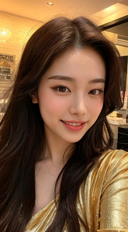 Close-up of a woman in a gold dress, gorgeous young korean woman, beautiful korean woman, beautiful young korean woman, gorgeous chinese model, korean girl, beautiful asian girl, 2 4 year old female model, face of young cute asian man, Shishionwu, cute seductive smile, Wenfei Ye, Cute girl - well-groomed face