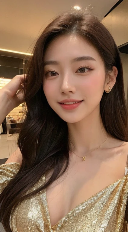 Close-up of a woman in a gold dress, gorgeous young korean woman, beautiful korean woman, beautiful young korean woman, gorgeous chinese model, korean girl, beautiful asian girl, 2 4 year old female model, face of young cute asian man, Shishionwu, cute seductive smile, Wenfei Ye, Cute girl - well-groomed face