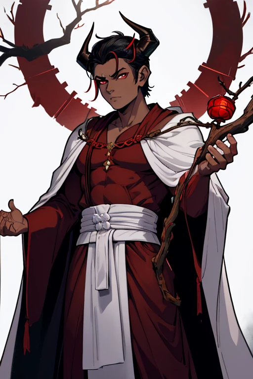 male, red eyes, demon, handsome, branch like horns, black skin, skull like head, (((1boy))), (((white Buddhists robes))), slightly muscular, long legs