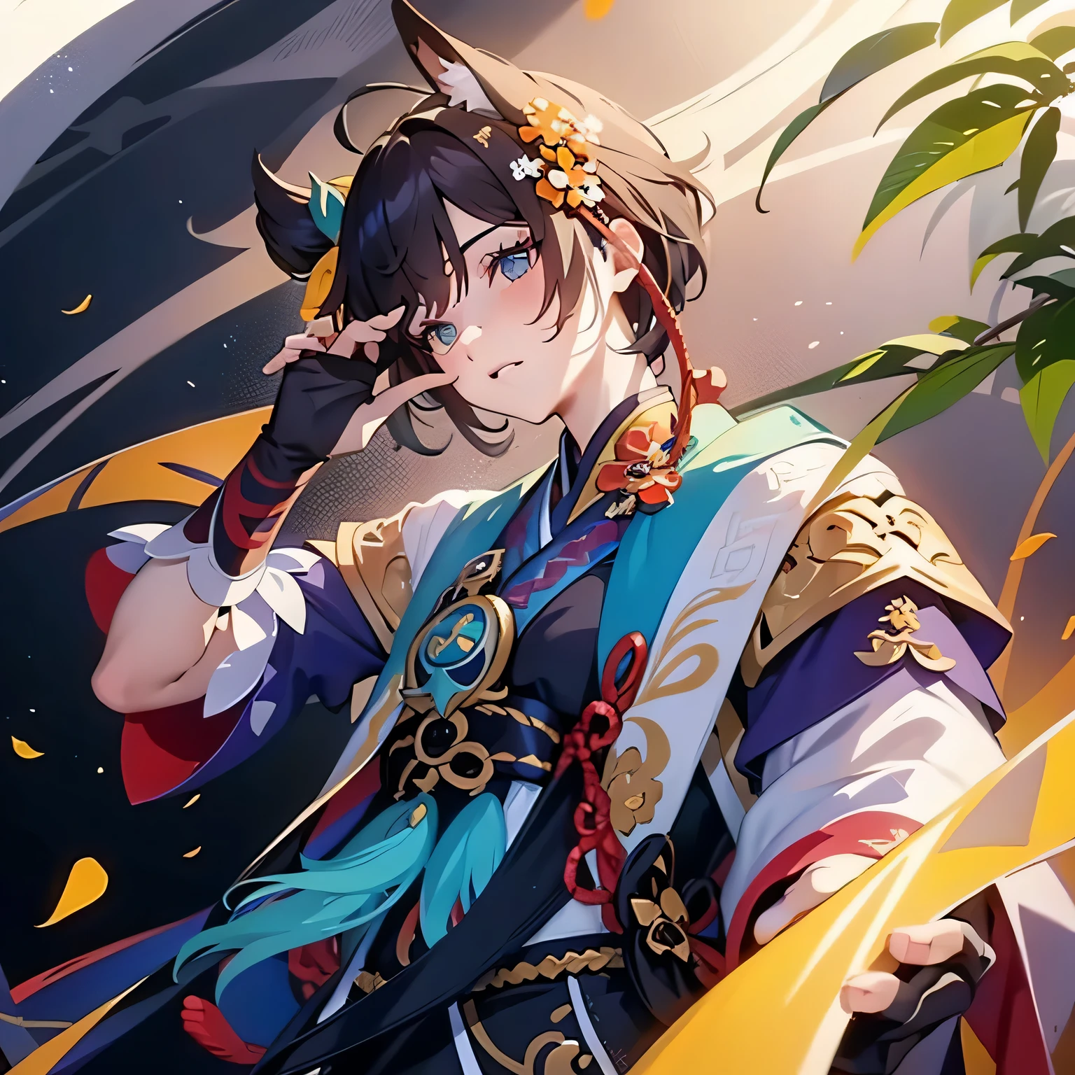 A woman in a colorful outfit holding a sword and flowers, keqing from Genshin impact, zhongli from Genshin impact, Genshin, Genshin impact character, Inspired by Bian Shoumin, Demon slayer art handsome man, Genshin impact style, Haise Jinyao, by ヤン・J, Genshin impact, Detailed anime original drawing, Gweiz