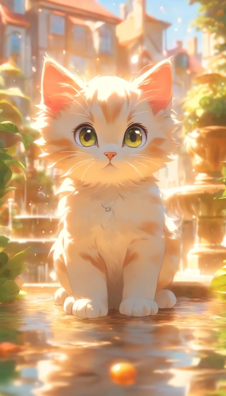 cute kitten with round eyes, garden fountain, , Distant Houses, mirror effect
