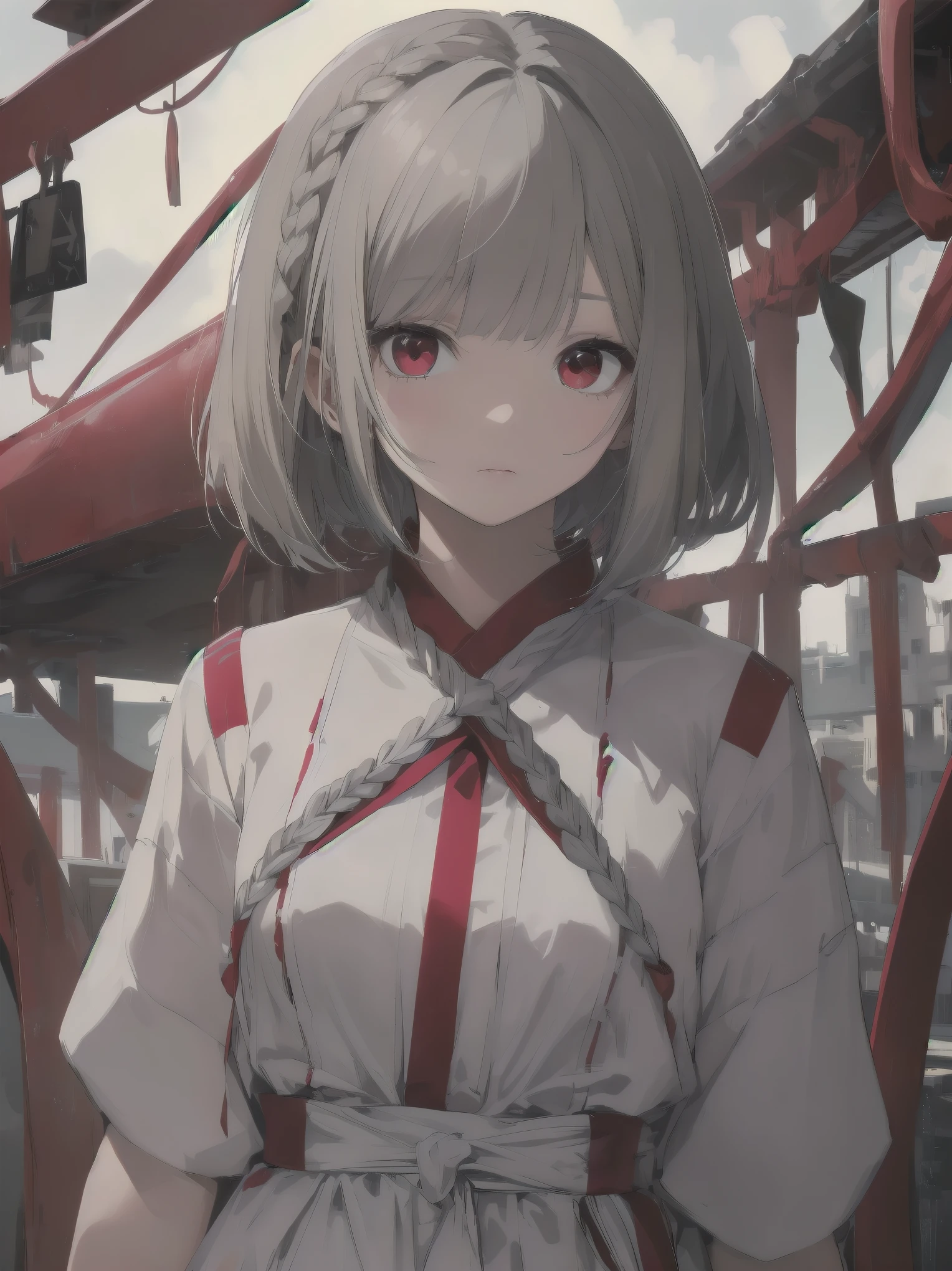 highest quality, masterpiece,gray hair, red eyes,white clothes, look up, Upper body,Fair skin,One-length bob cut with braided braids、cute